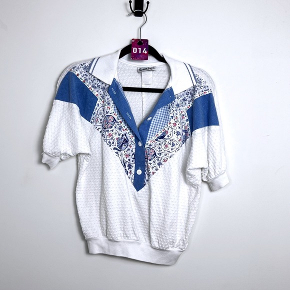 Teddi Tops - VTG Teddi Women's White‎ Blue Floral Patchwork Collared Short Sleeve Top Sz M